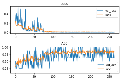 Loss and accuracy charts for the fully connected model, with noisy validation curves and smoother training curves over roughly 260 epochs.